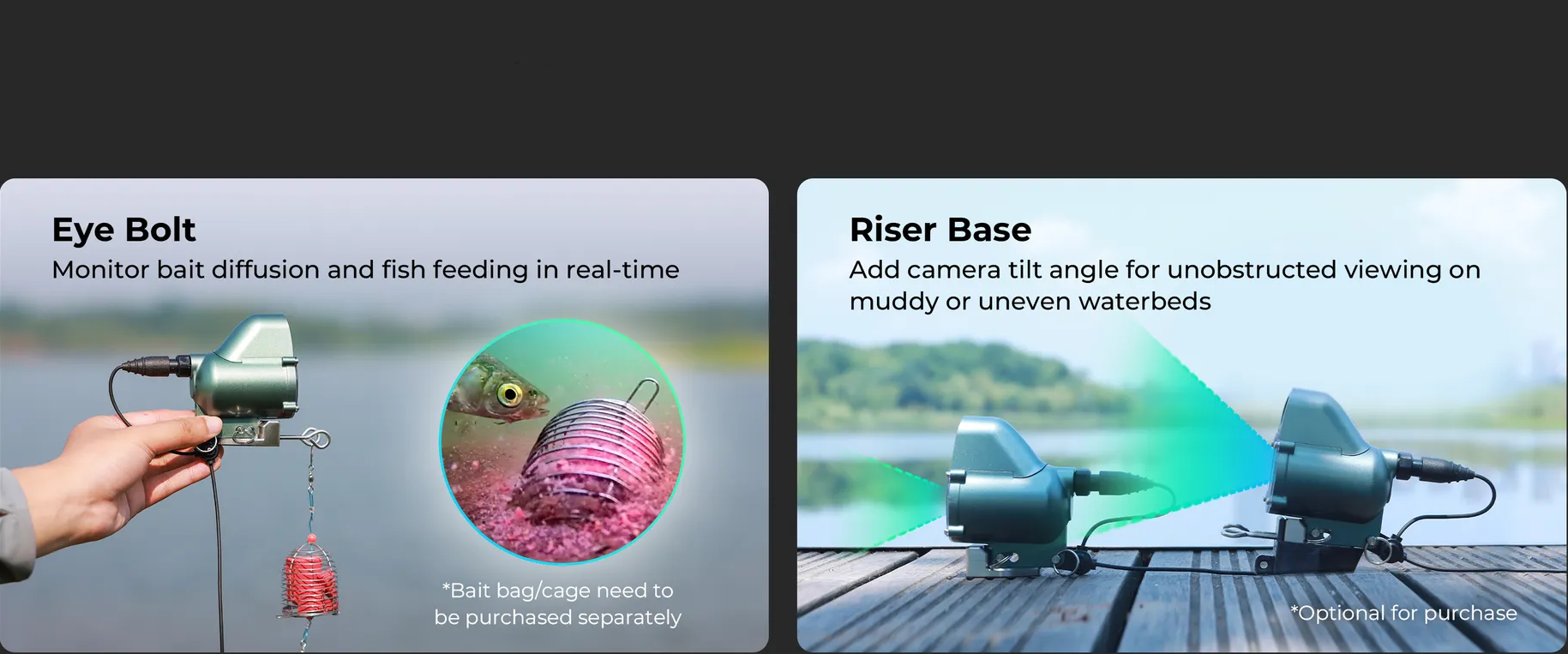 Two diagrams showing precision aid and bait strategies optimization with eye bolt and riser base components.